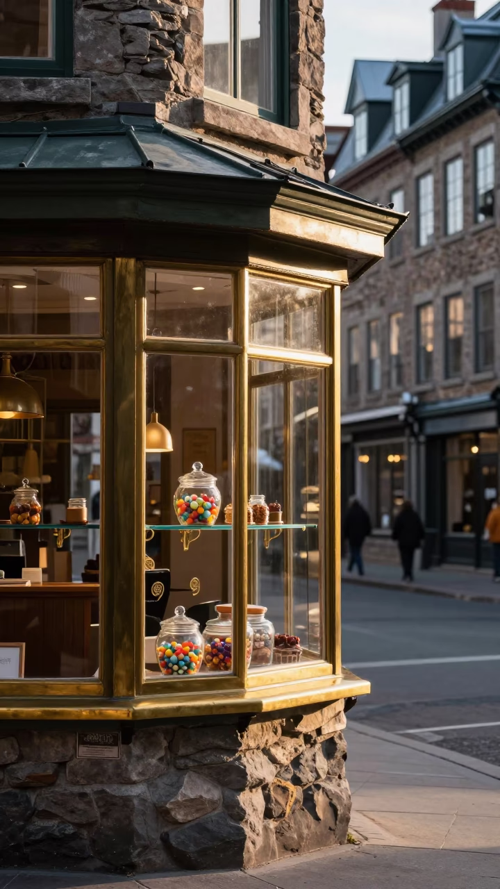 Quebec City Morning Light Illuminates Busy Street Corner with Brass Fixtures and Glass Containers in in Quebec City, Quebec, Canada