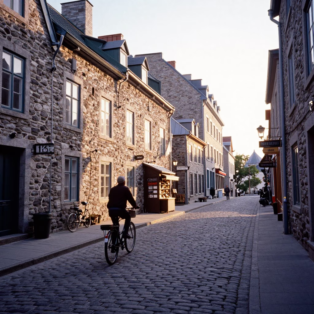Quebec City Morning Light on Cobblestone Streets with Bicycle and Magazines in in Quebec City, Quebec, Canada
