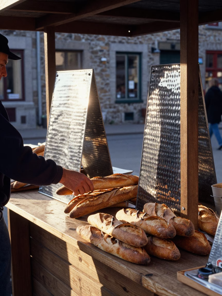 Quebec City Morning Market Stall With Hammered Metal And Hand Broom in in Quebec City, Quebec, Canada