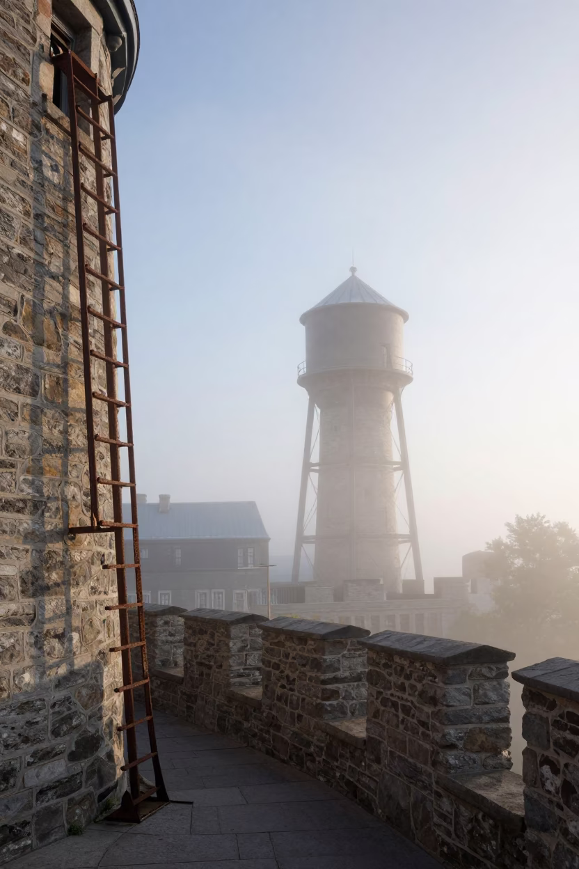 Quebec City Morning Mist and Water Tower Ladder at Sunrise in in Quebec City, Quebec, Canada