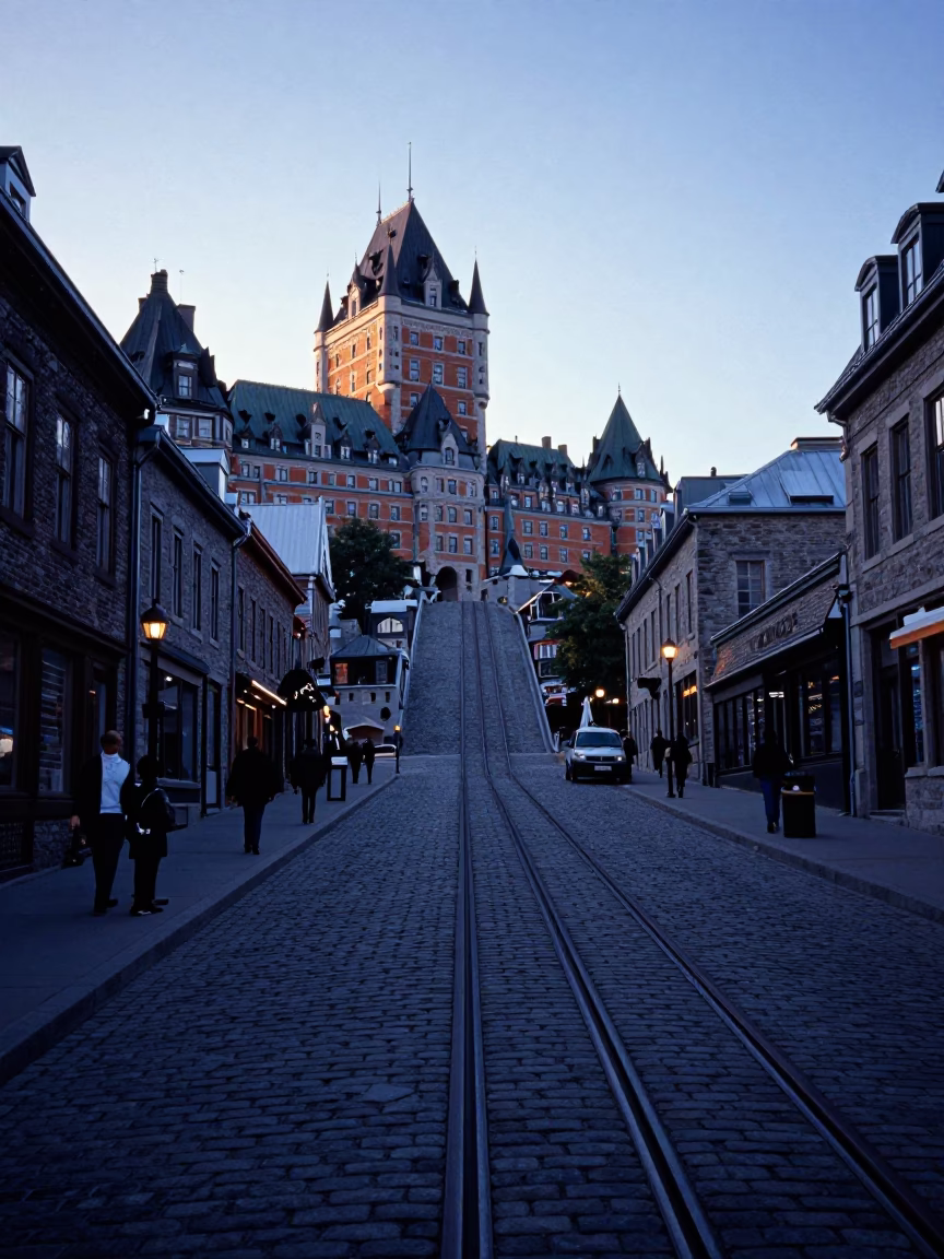 Quebec City Morning Street Scene Before Sunrise with Funicular and Autumn Vines in in Quebec City, Quebec, Canada