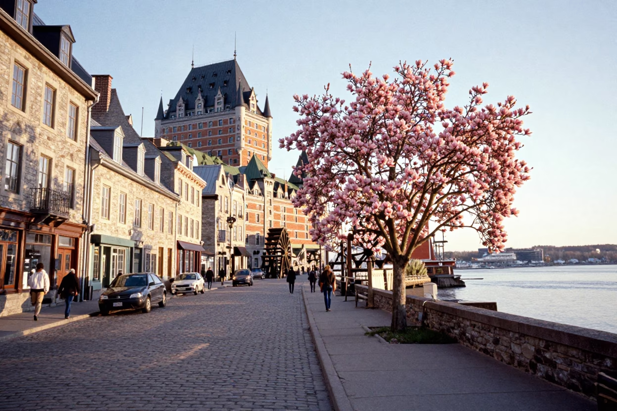 Quebec City Morning Street Scene with Magnolia Tree and Paddlewheel Boat in in Quebec City, Quebec, Canada