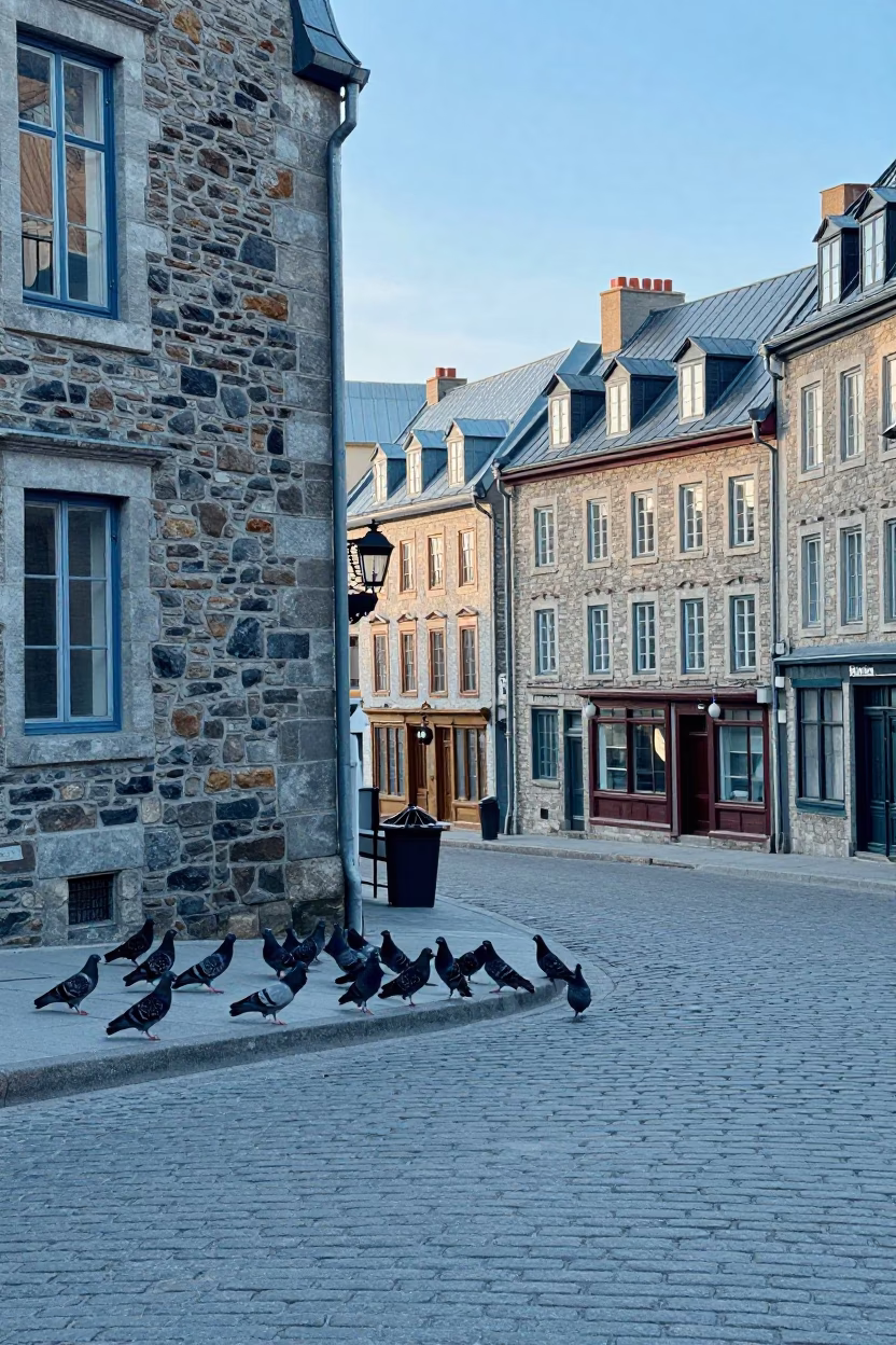 Quebec City Morning Street Scene with Pigeons and Vintage Architecture in in Quebec City, Quebec, Canada