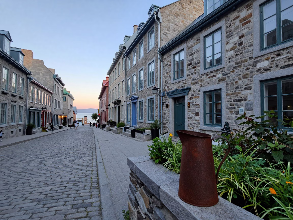 Quebec City Morning Street Scene with Rusty Pitcher and Garden Shears Before Sunrise in in Quebec City, Quebec, Canada