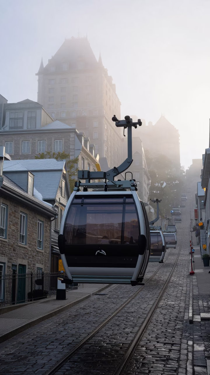 Quebec City Morning Tramway Gondola Above Fog and Urban Architecture in in Quebec City, Quebec, Canada