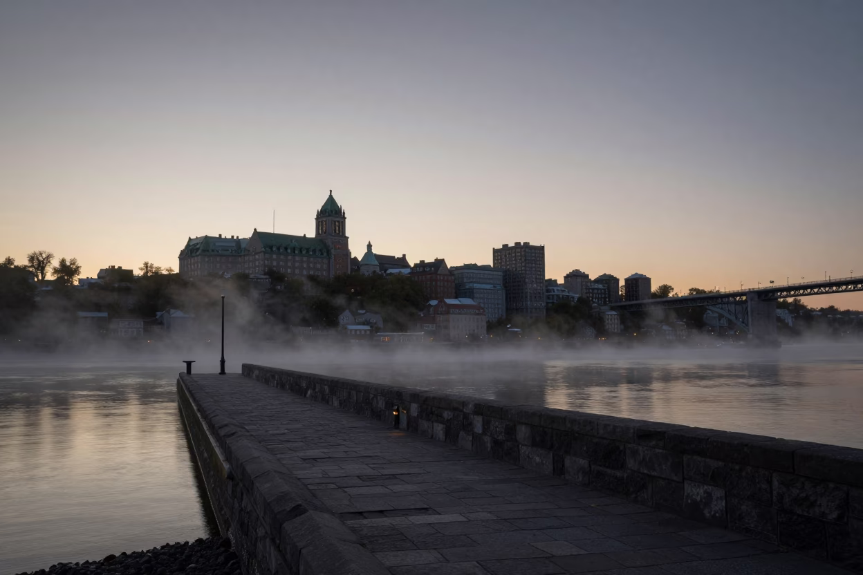 Quebec City Nautical Dawn Bridge Pier and River Mist in in Quebec City, Quebec, Canada