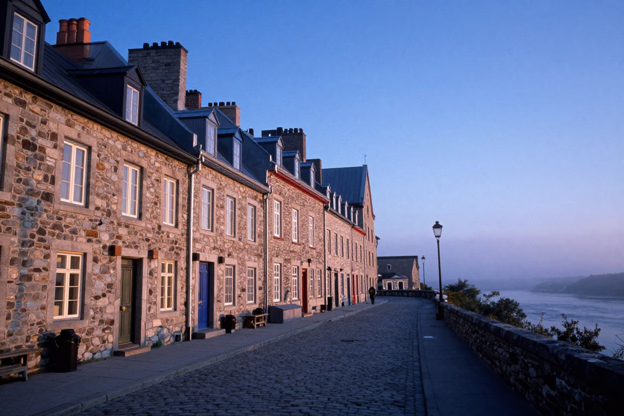 Quebec City Nautical Dawn Historic Stone Walls and River Mist in in Quebec City, Quebec, Canada
