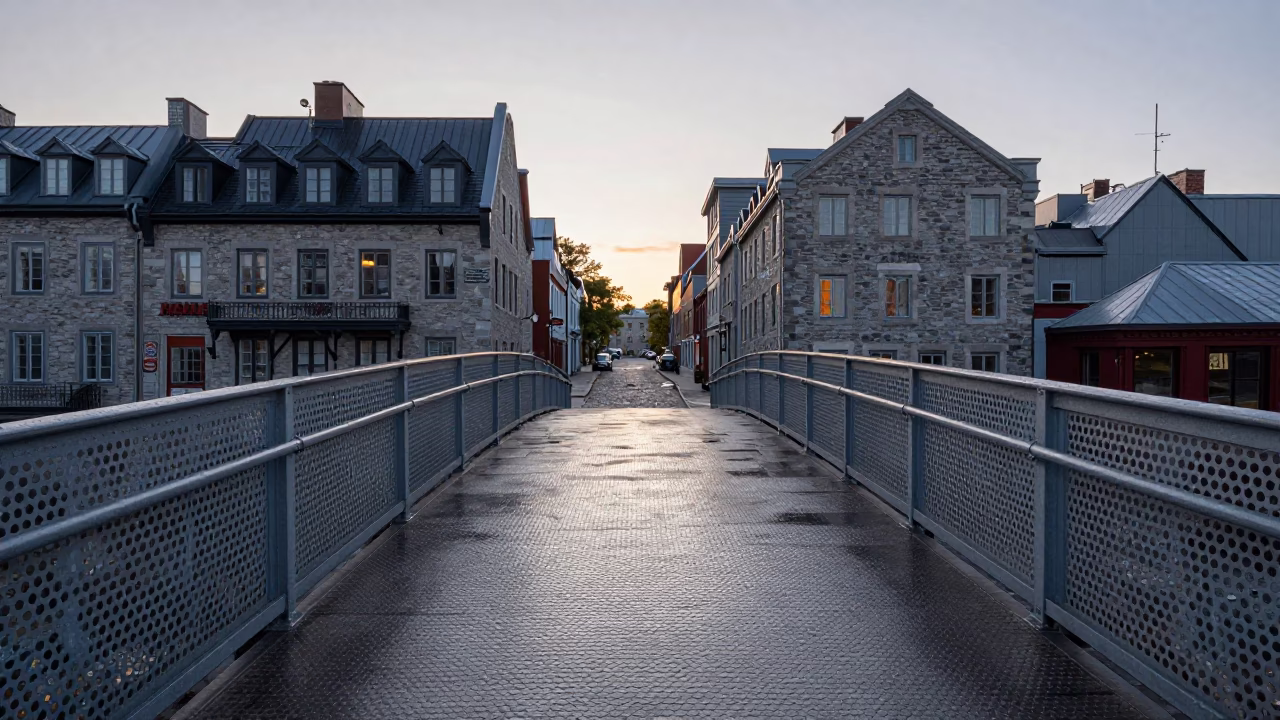 Quebec City Nautical Dawn Pedestrian Overpass Wet Footsteps Perforated Metal Stone Architecture in in Quebec City, Quebec, Canada