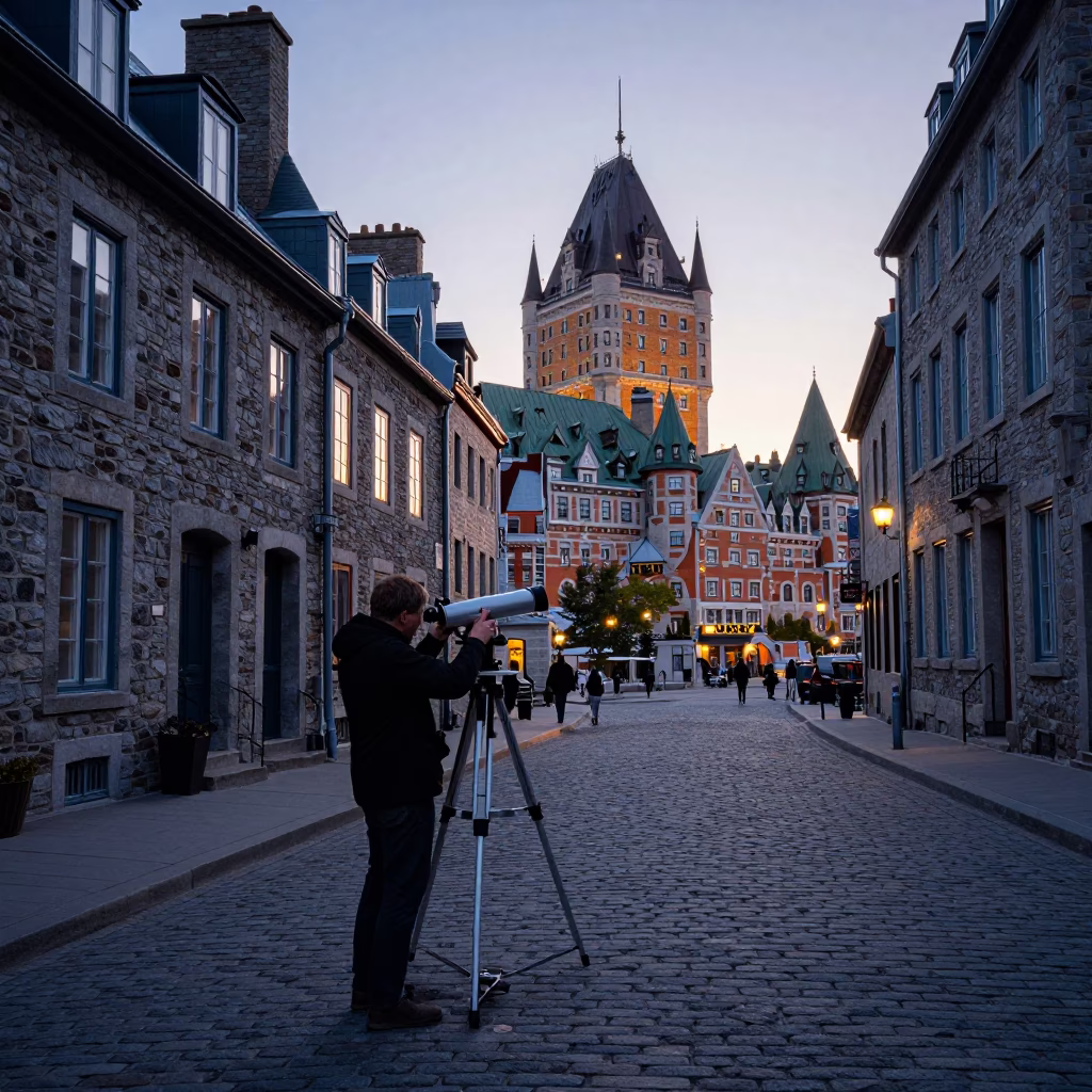 Quebec City Nautical Dawn Street Scene with Astronomer Telescope and Vintage Pocket Watch in in Quebec City, Quebec, Canada