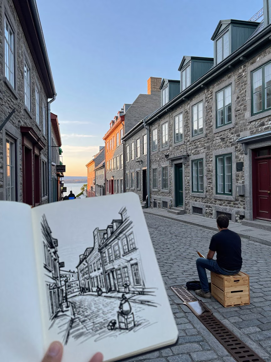 Quebec City Nautical Dawn Street Scene with Charcoal Sketchbook and Brushed Steel Drain in in Quebec City, Quebec, Canada