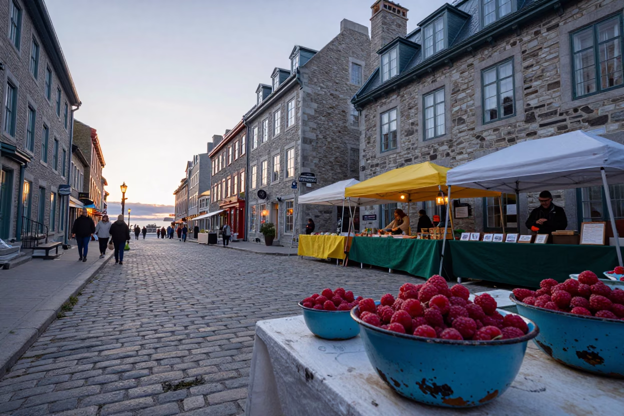 Quebec City Nautical Dawn Street Scene with Colorful Local Market Details in in Quebec City, Quebec, Canada