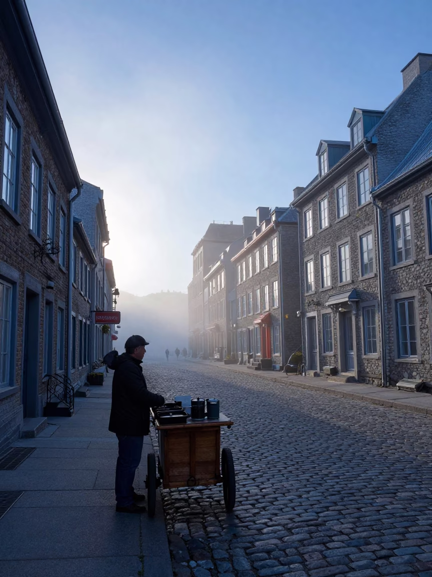 Quebec City Nautical Dawn Street Scene with Condensation and Vintage Plate in in Quebec City, Quebec, Canada