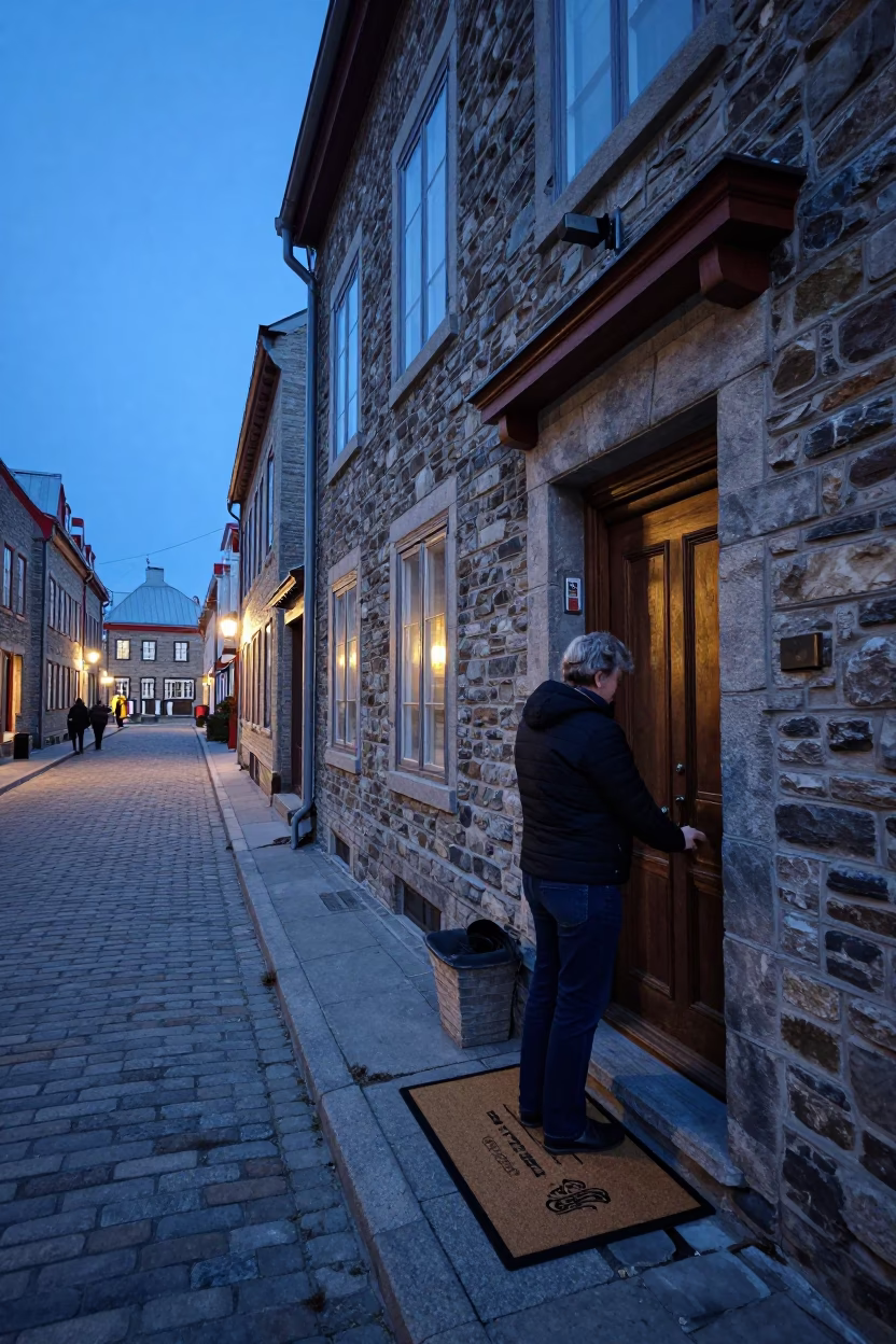 Quebec City Nautical Dawn Street Scene with Doormat and Deadbolt in in Quebec City, Quebec, Canada