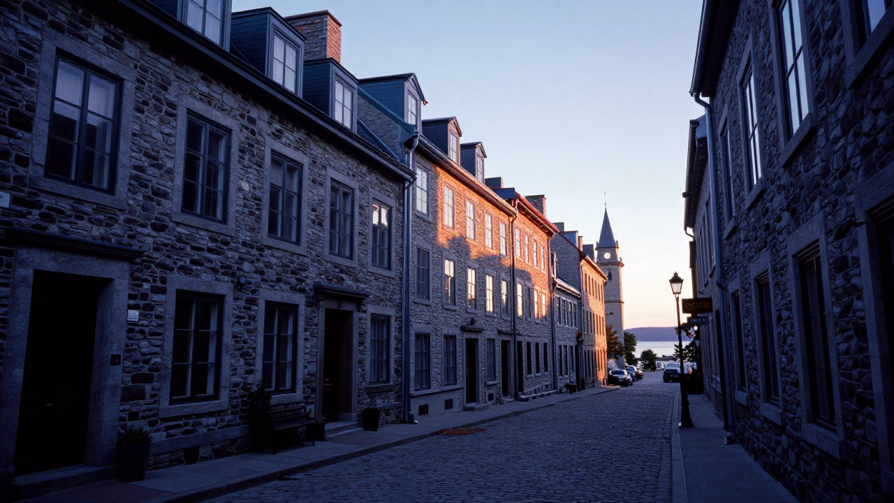 Quebec City Nautical Dawn Street Scene with Stone Facades and River Mist in in Quebec City, Quebec, Canada
