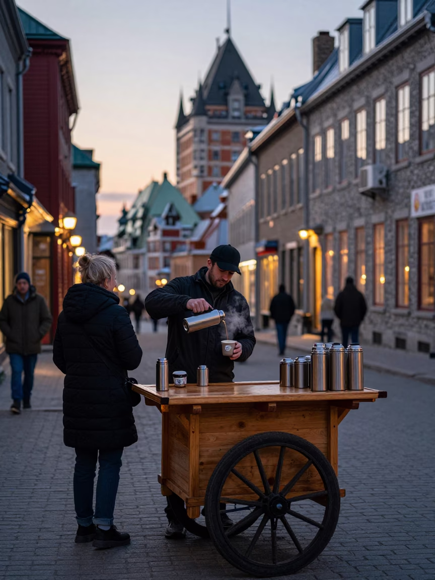 Quebec City Nautical Dawn Street Scene with Thermos and Wooden Tray in in Quebec City, Quebec, Canada