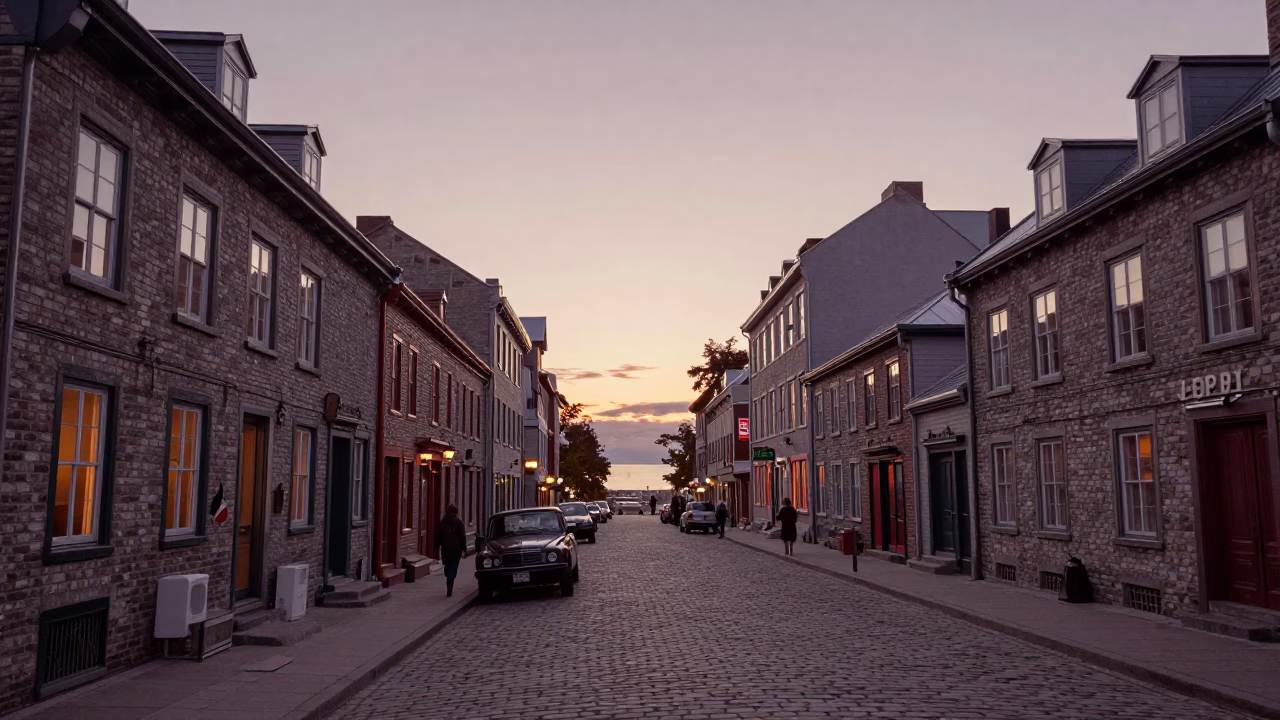 Quebec City Nautical Dawn Street Scene with Vintage 1950s Charm in in Quebec City, Quebec, Canada