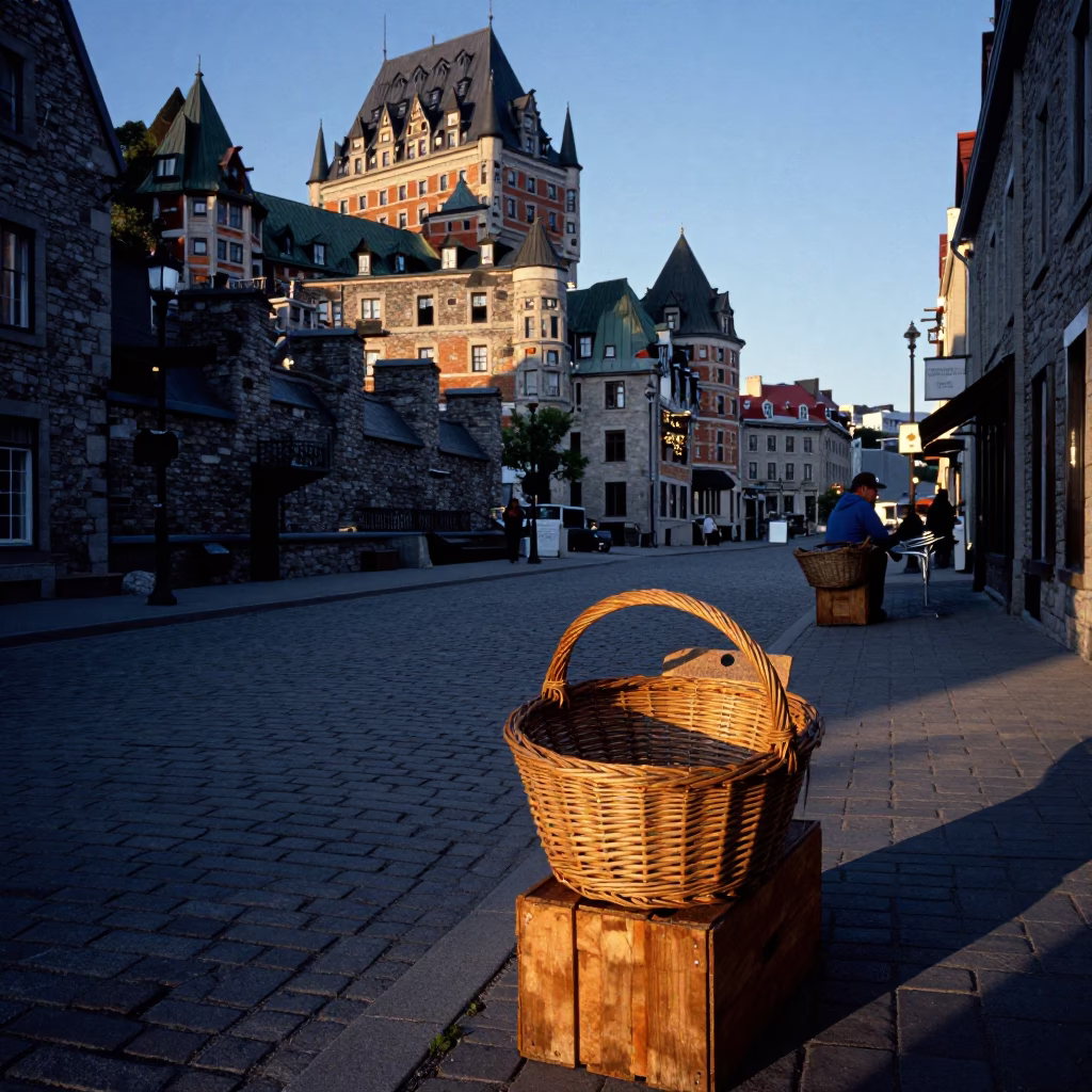 Quebec City Nautical Dawn Street Scene with Wicker Basket and Bracket Fungus in in Quebec City, Quebec, Canada