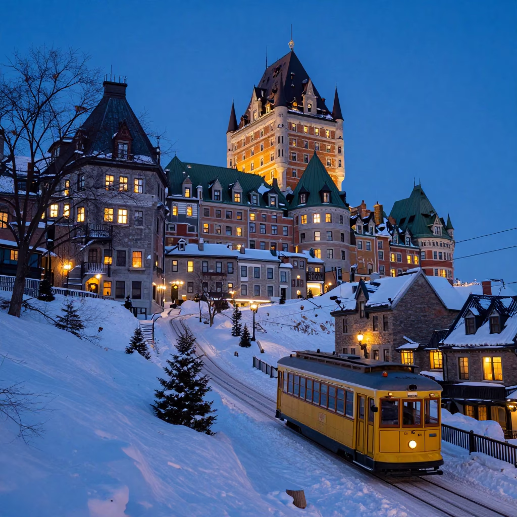 Quebec City Nautical Dawn Tram Climb and Snowy Hillside Views in in Quebec City, Quebec, Canada