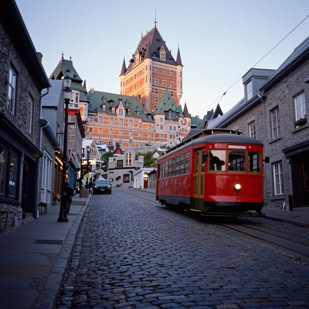 Quebec City Nautical Dawn Tram Climb Steep Cobblestone Hill with Historic Stone Architecture in in Quebec City, Quebec, Canada