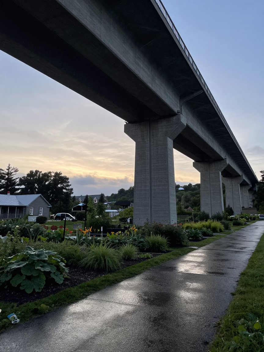Quebec City Nautical Dawn Viaduct Shadow Over Rain-Washed Allotment Gardens in in Quebec City, Quebec, Canada