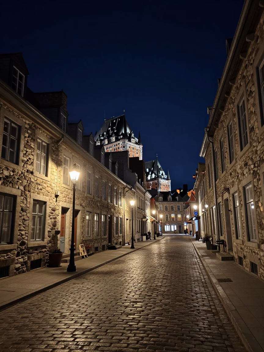 Quebec City Night Scene with Historic Stone Architecture and Street Lighting in in Quebec City, Quebec, Canada