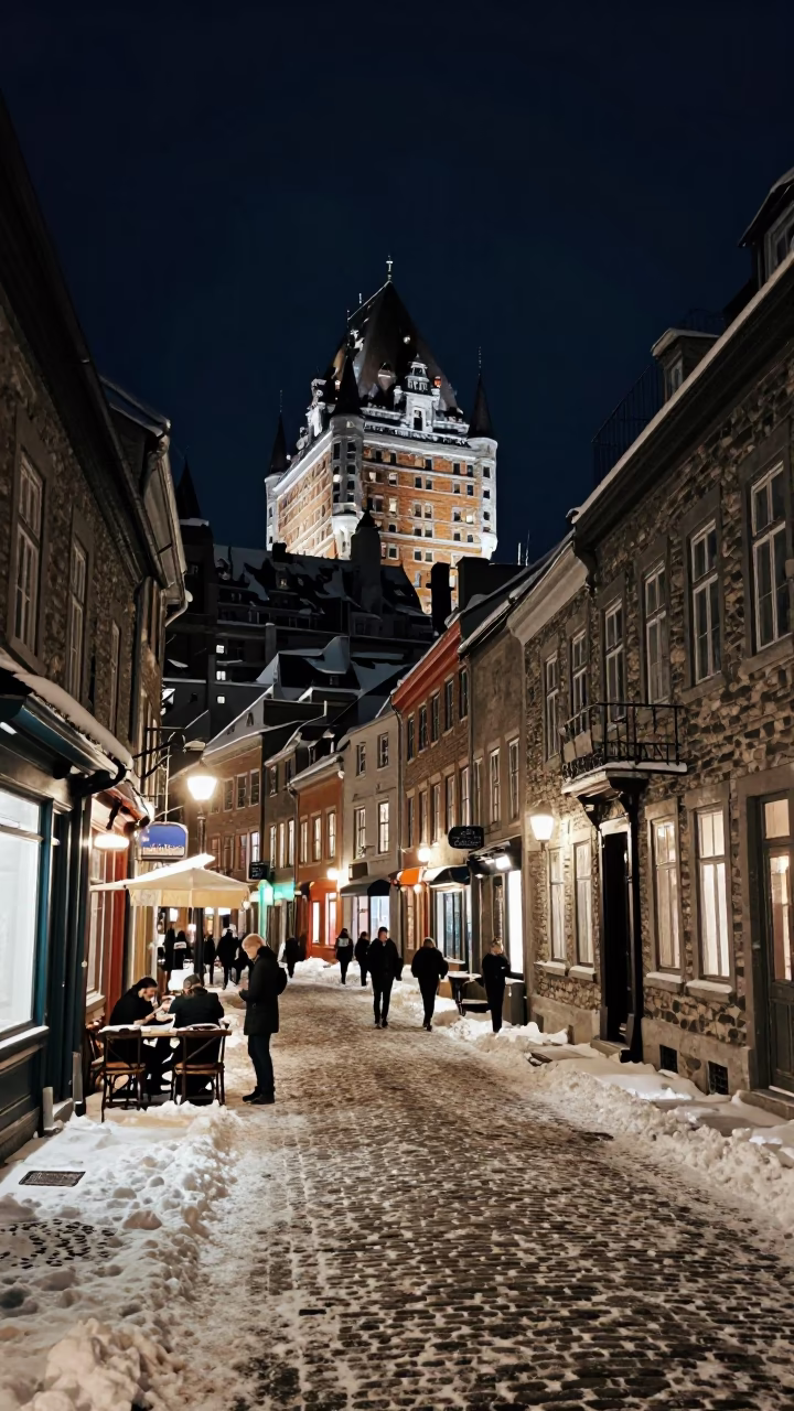 Quebec City Night Scene with Snow and Local Dining Under Deep Sky in in Quebec City, Quebec, Canada