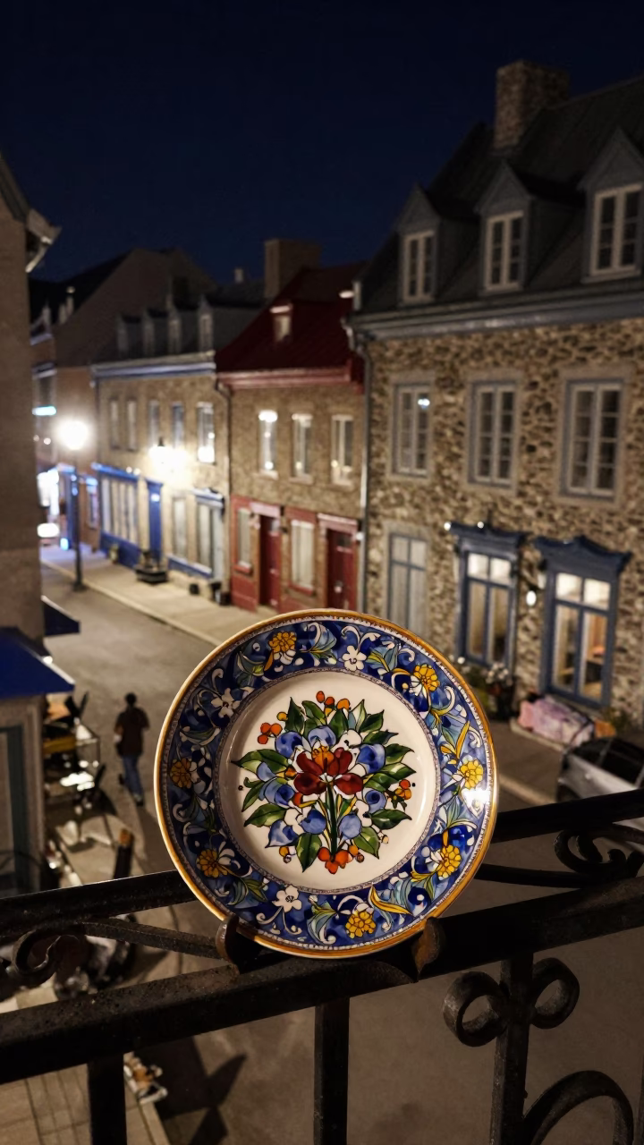 Quebec City Night Scene with Vintage Majolica Plate and Sleeper Train Windows in in Quebec City, Quebec, Canada