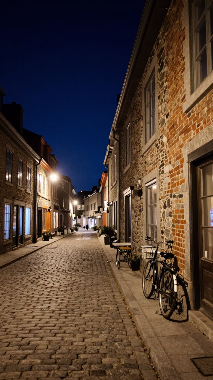 Quebec City Night Street Scene Under Deep Sky with Bicycle and Cafe in in Quebec City, Quebec, Canada