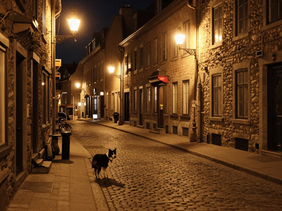 Quebec City Night Street Scene with Border Collie and Key Blank in in Quebec City, Quebec, Canada