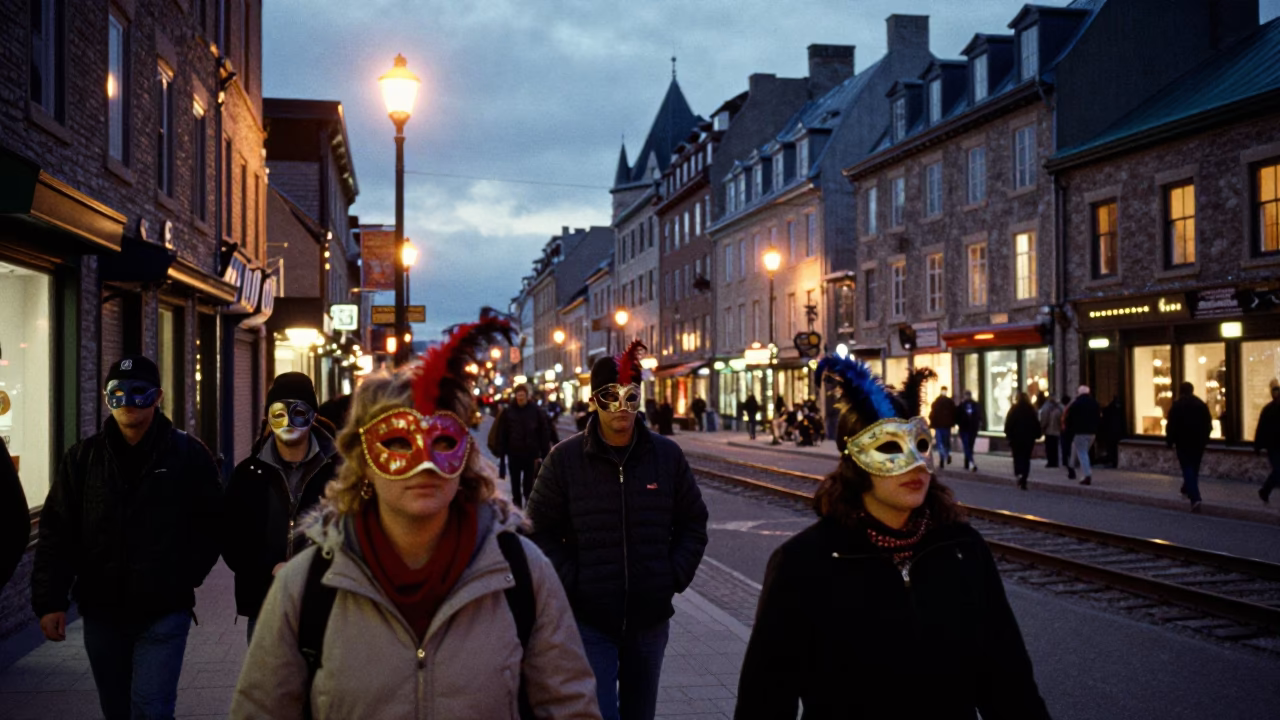Quebec City Night Street Scene with Carnival Masks and Railway Viaduct Lights in in Quebec City, Quebec, Canada