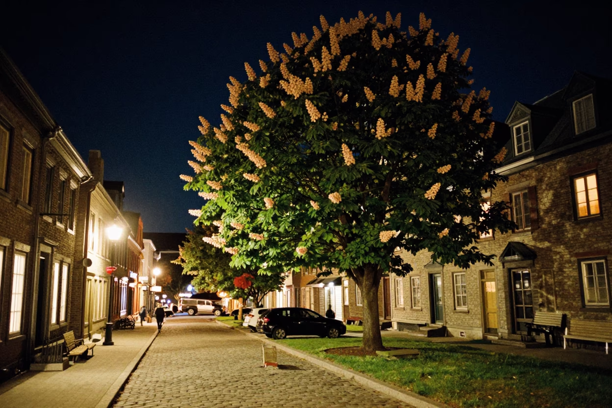Quebec City Night Street Scene with Chestnut Tree and Warm Window Curtains in in Quebec City, Quebec, Canada