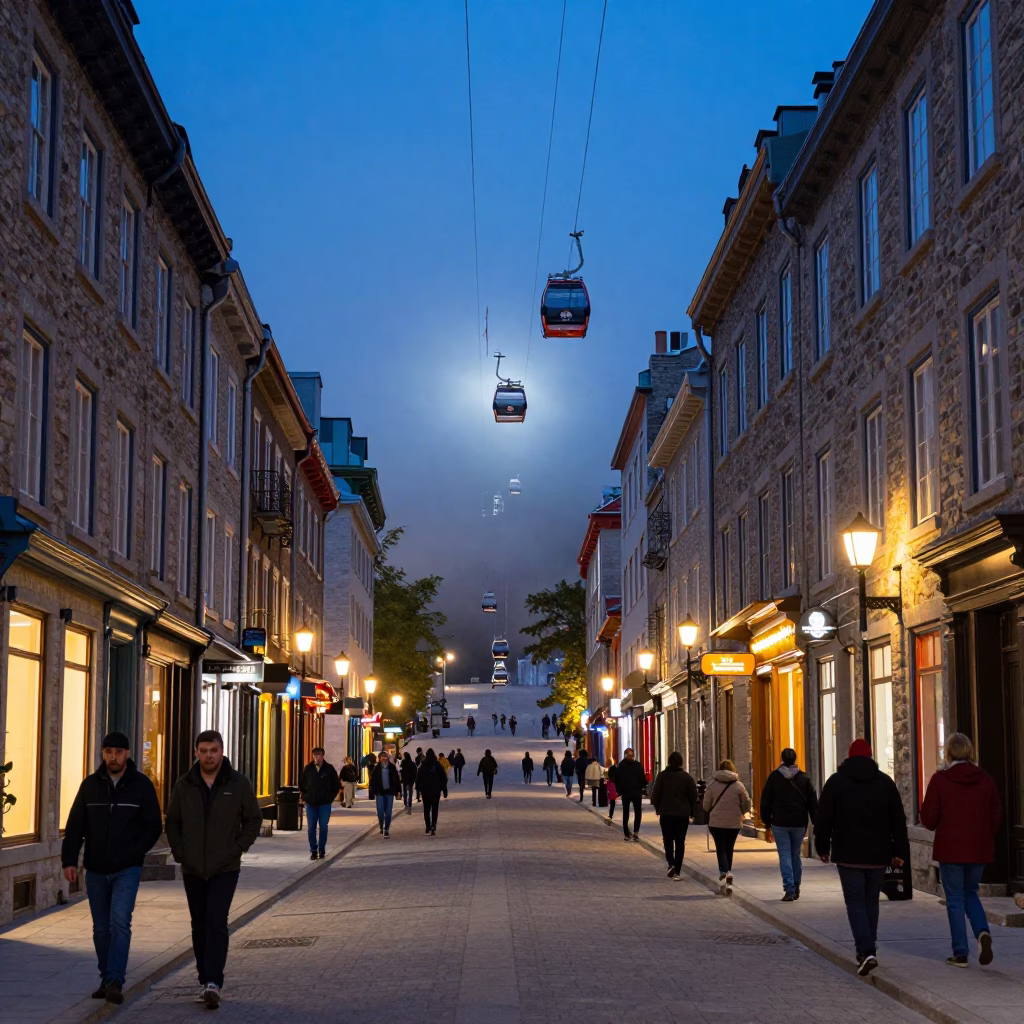 Quebec City Night Street Scene with Gondola Lift and Urban Lights in in Quebec City, Quebec, Canada