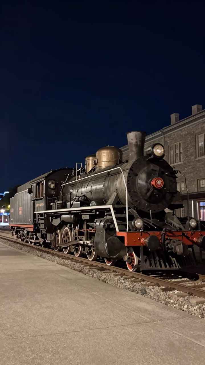 Quebec City Night Street Scene with Heritage Steam Locomotive and Local Interaction in in Quebec City, Quebec, Canada