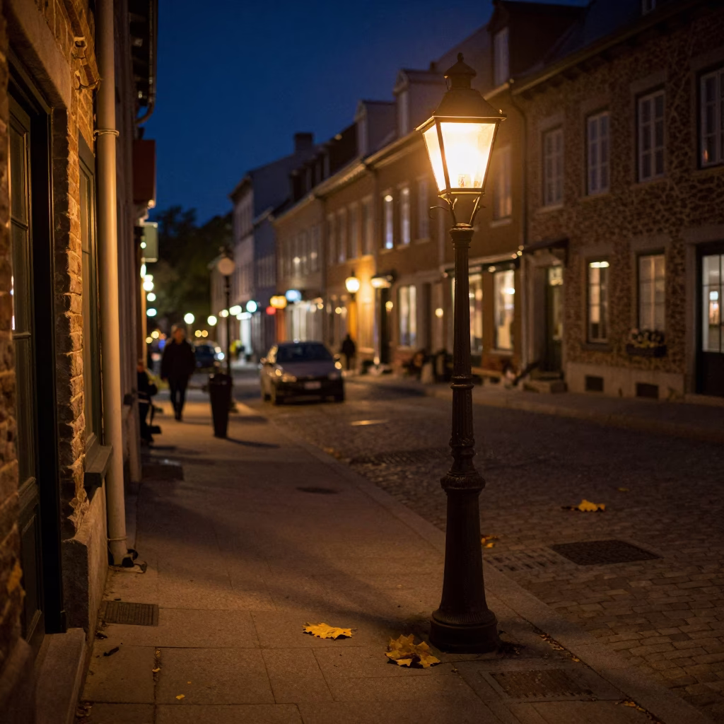 Quebec City Night Street Scene with Hurricane Lamp and Leaf Shadows in in Quebec City, Quebec, Canada