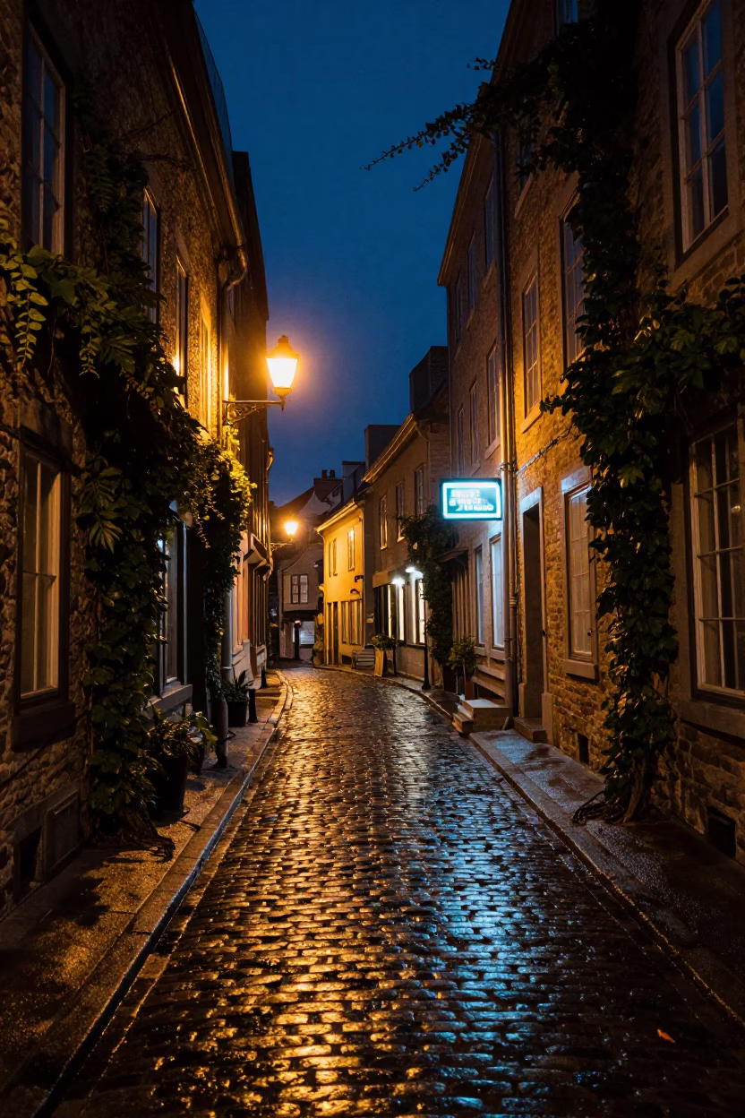 Quebec City Night Street Scene with Ivy Vines and Wet Cobblestones in in Quebec City, Quebec, Canada