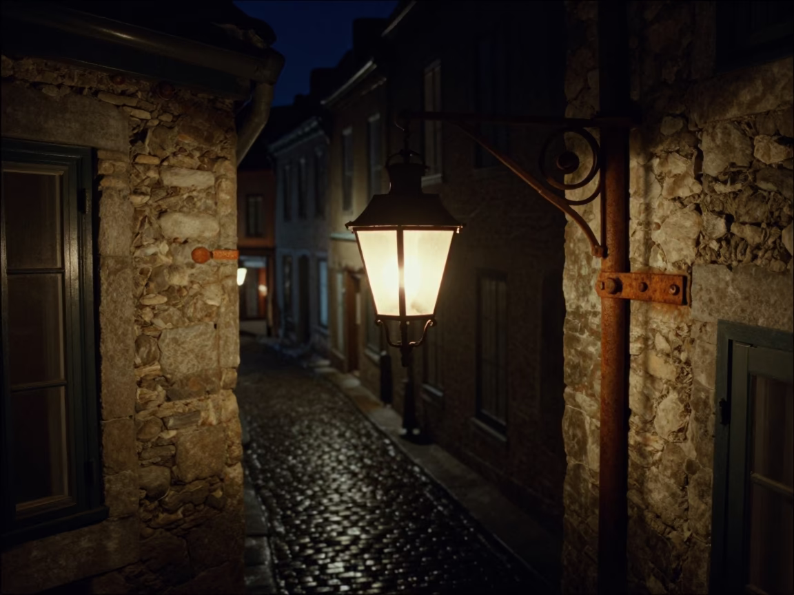 Quebec City Night Street Scene with Lantern and Rusty Hinge Detail in in Quebec City, Quebec, Canada
