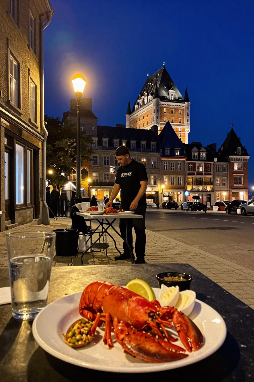 Quebec City Night Street Scene with Lobster Dinner and Glass Pitcher in in Quebec City, Quebec, Canada