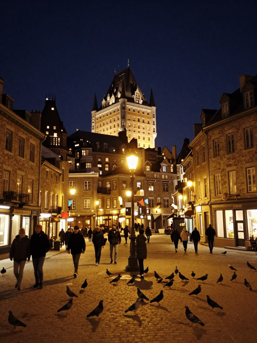 Quebec City Night Street Scene with Pigeons and Urban Lighting in in Quebec City, Quebec, Canada