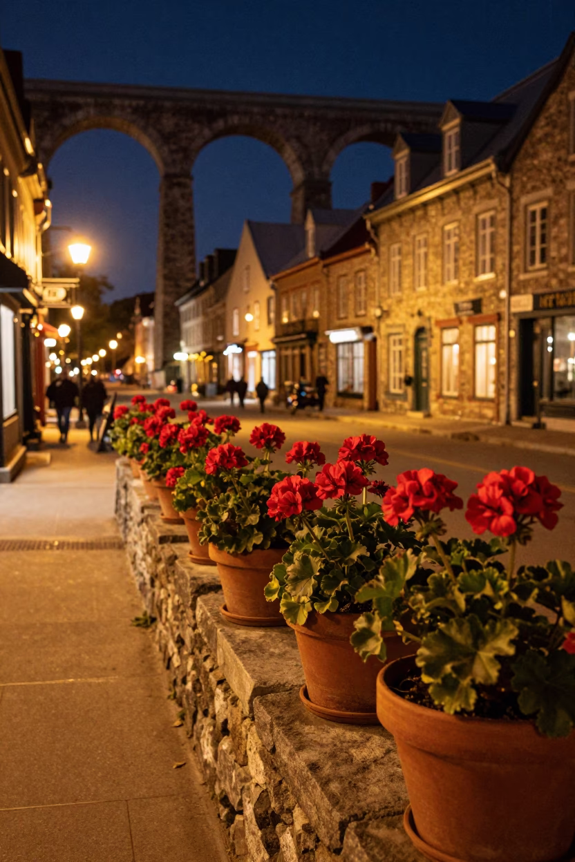 Quebec City Night Street Scene with Potted Geraniums and Aqueduct Parapets in in Quebec City, Quebec, Canada