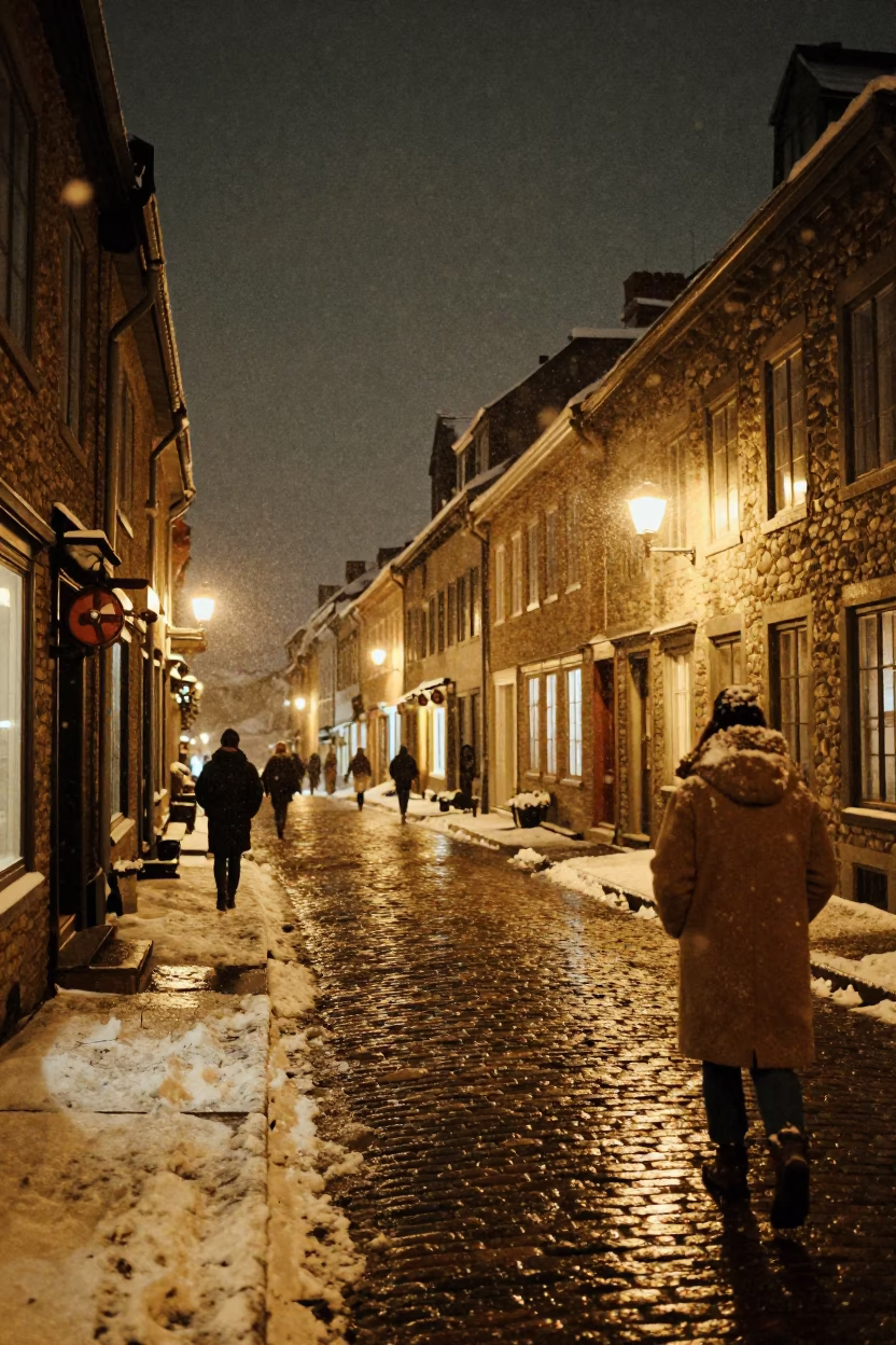 Quebec City Night Street Scene with Pulley and Snow in in Quebec City, Quebec, Canada