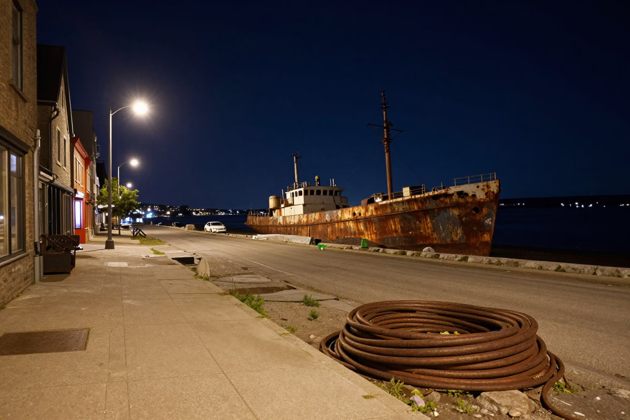 Quebec City Night Street Scene with Rusting Ship and Coiled Rope in in Quebec City, Quebec, Canada