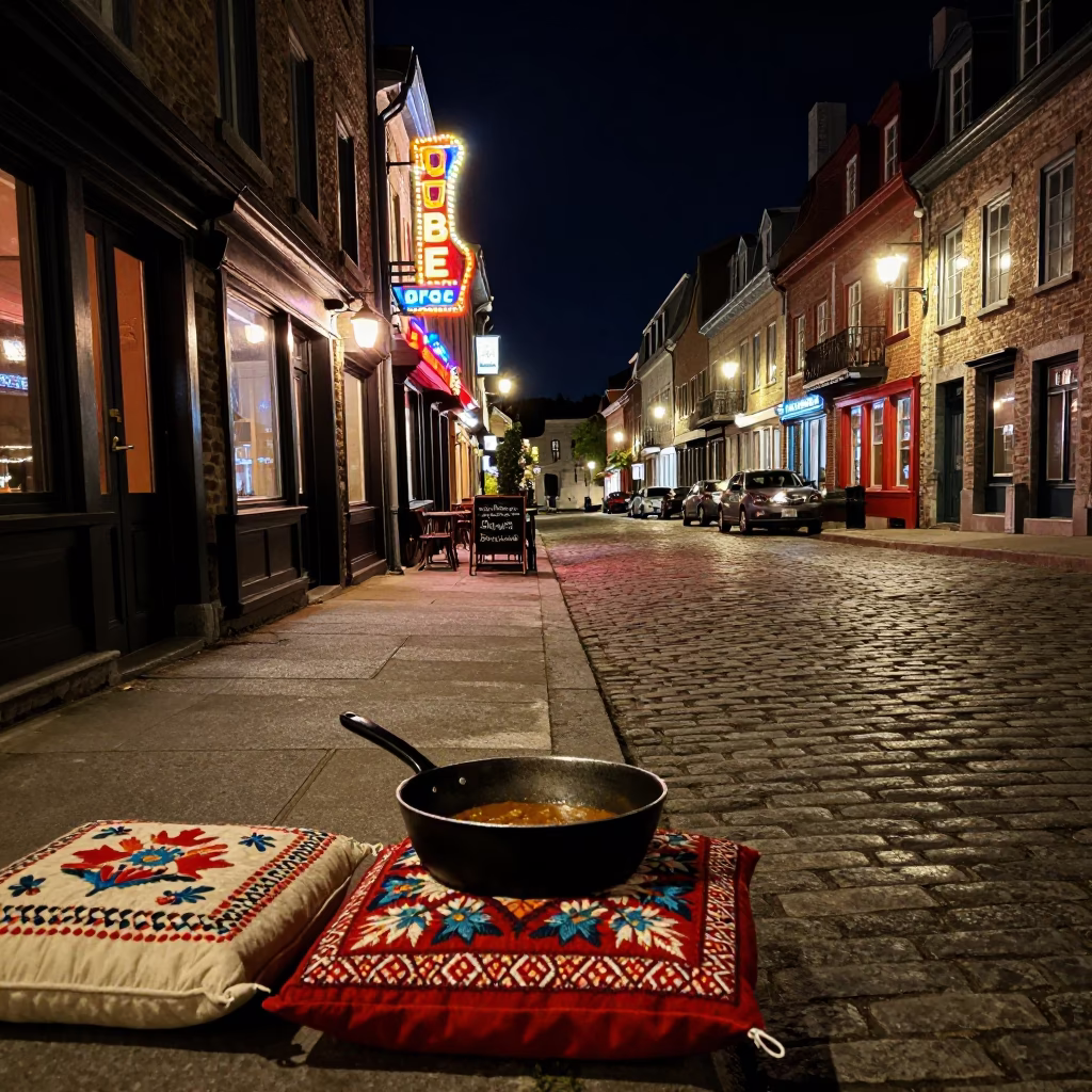 Quebec City Night Street Scene with Saucepan and Embroidered Cushion in in Quebec City, Quebec, Canada