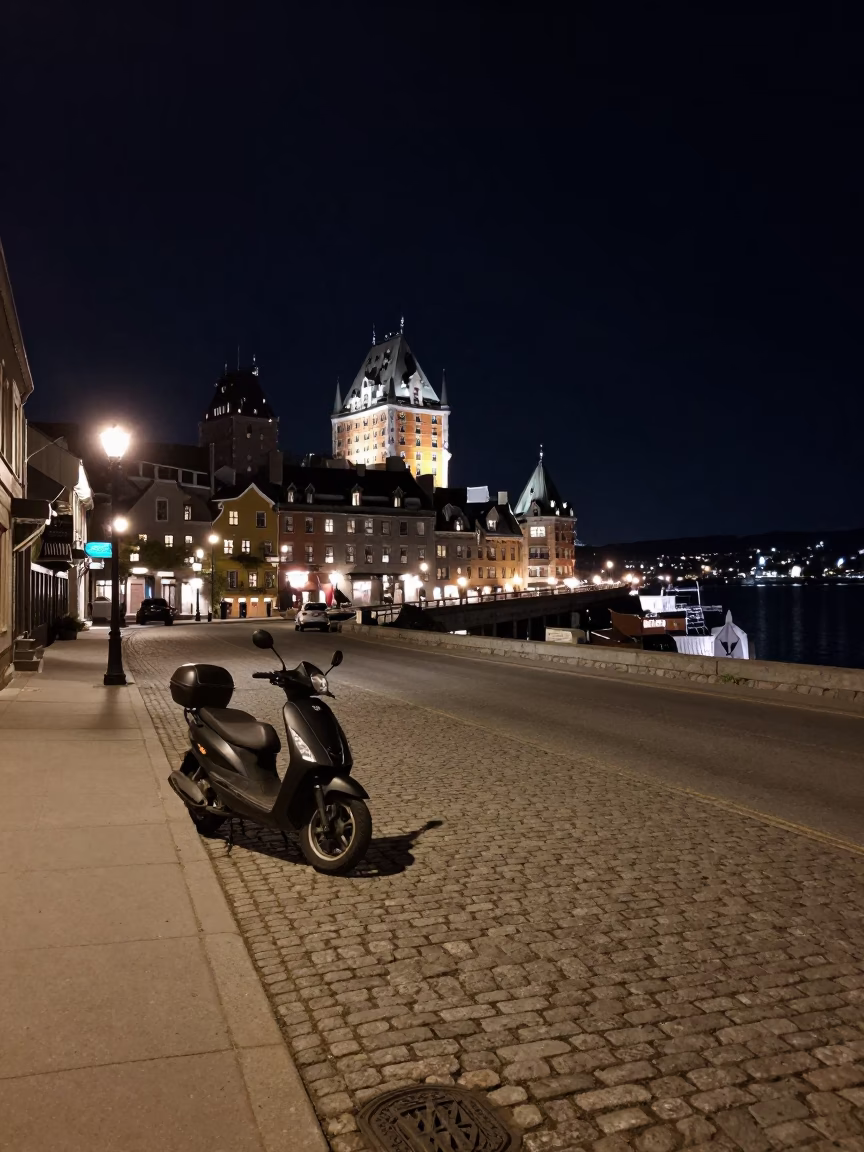 Quebec City Night Street Scene with Scooter and Harbor Lights in in Quebec City, Quebec, Canada