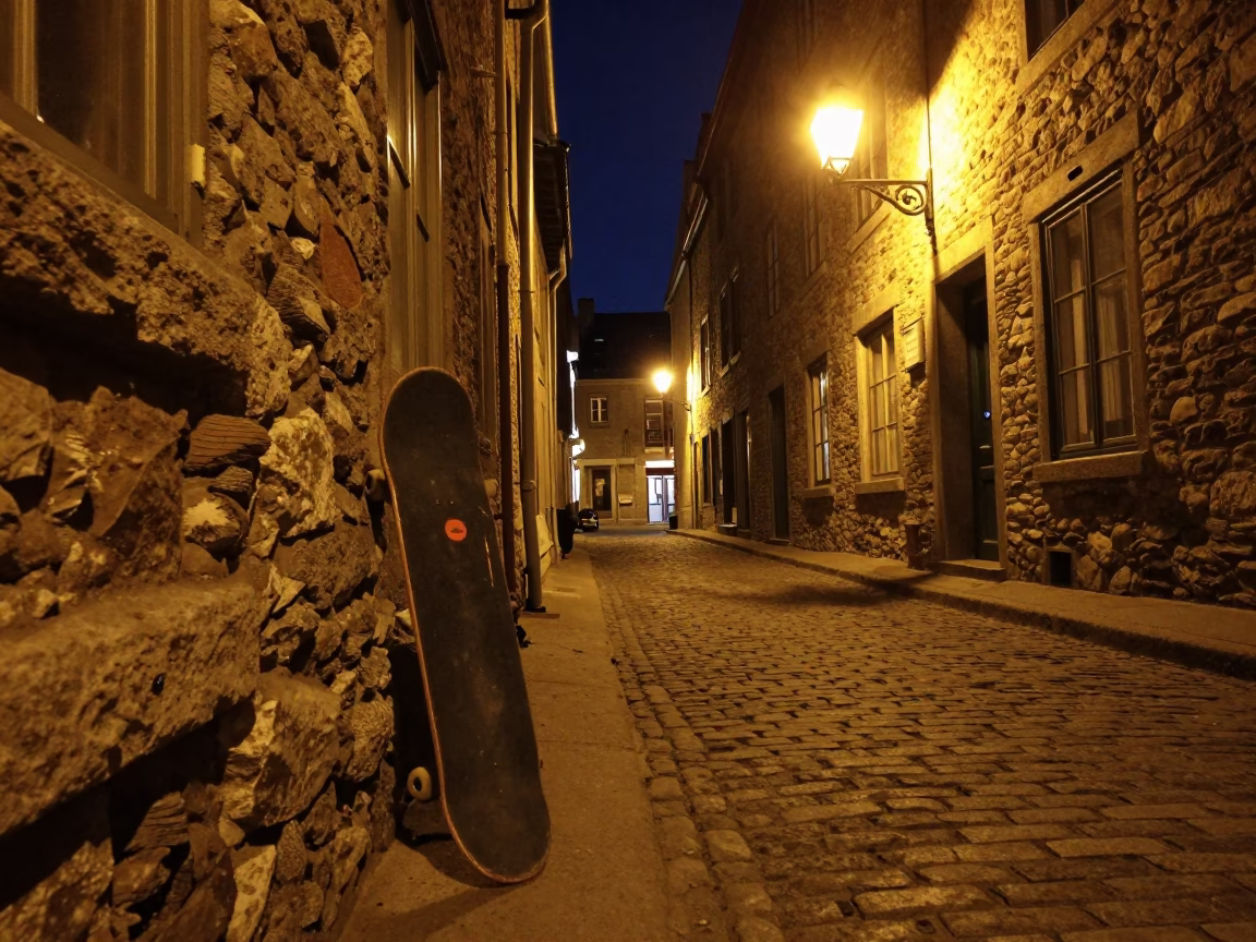 Quebec City Night Street Scene with Skateboard and Deadbolt Detail in in Quebec City, Quebec, Canada