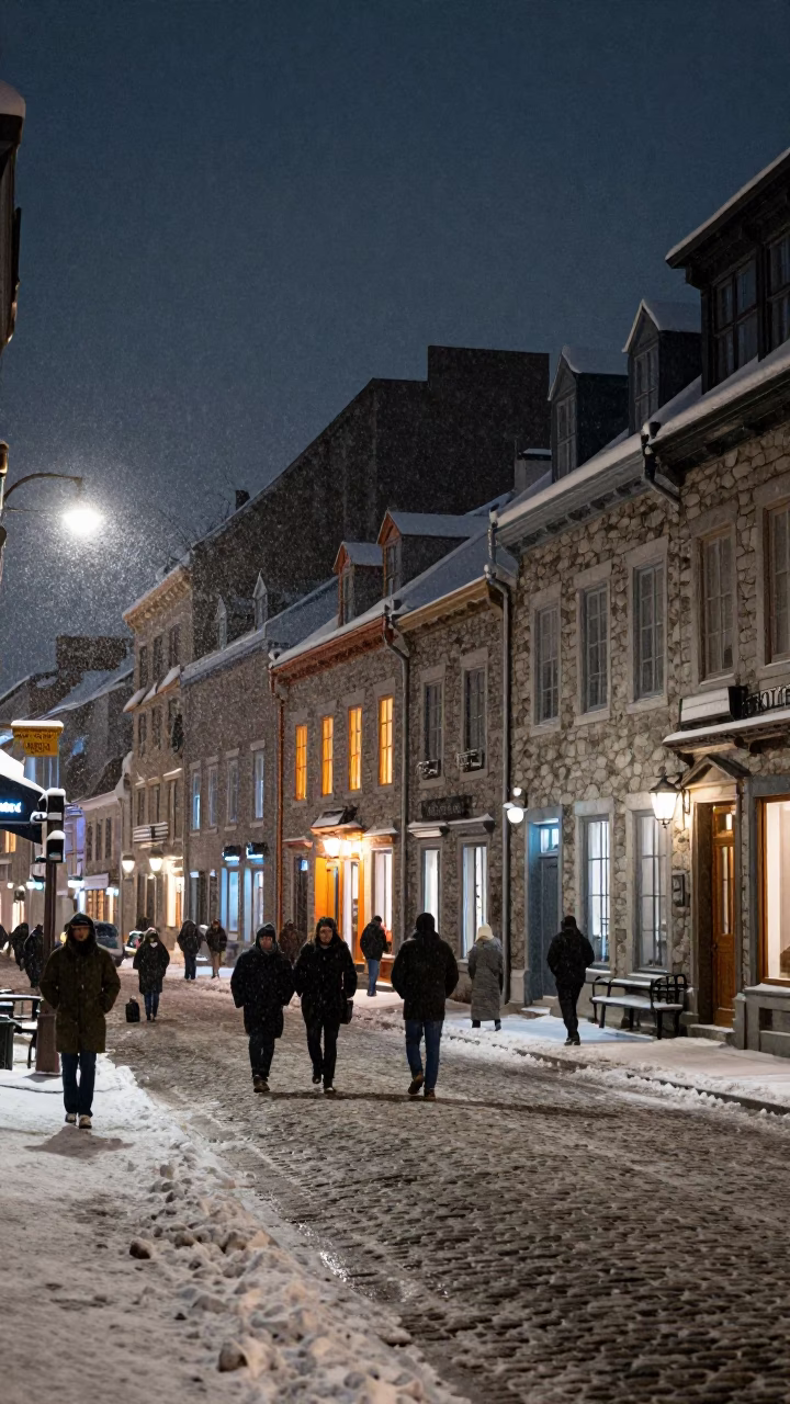 Quebec City Night Street Scene with Snow and Cobblestones in in Quebec City, Quebec, Canada