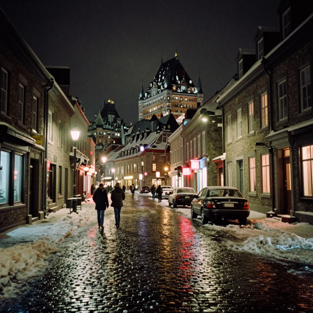 Quebec City Night Street Scene with Snow and Neon Lights in in Quebec City, Quebec, Canada