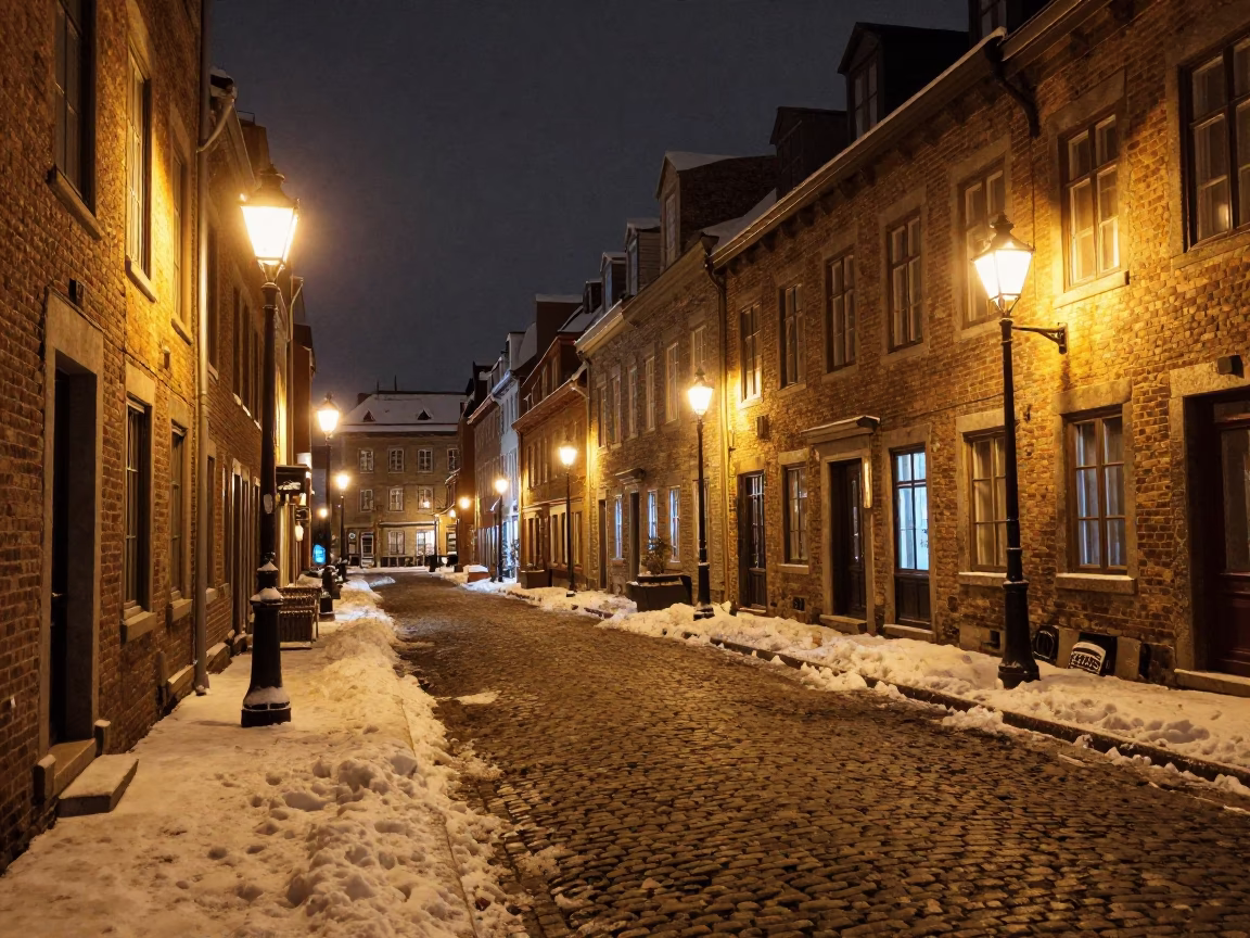 Quebec City Night Street Scene with Snowy Cobblestones and Historic Stone Buildings in in Quebec City, Quebec, Canada
