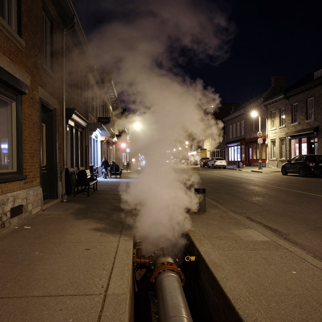 Quebec City Night Street Scene with Steam Pipes and Urban Elements in in Quebec City, Quebec, Canada