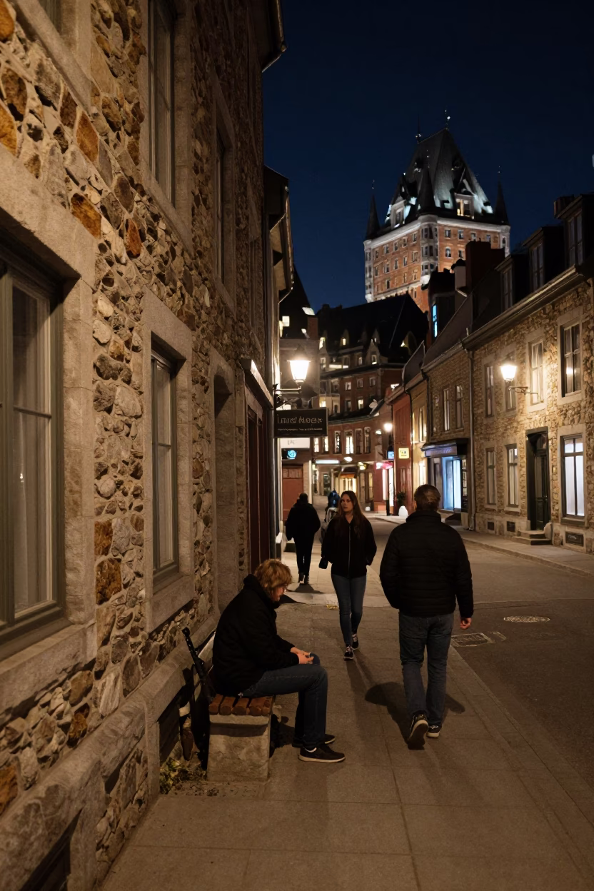 Quebec City Night Street Scene with Stone Walls and Urban Lights in in Quebec City, Quebec, Canada