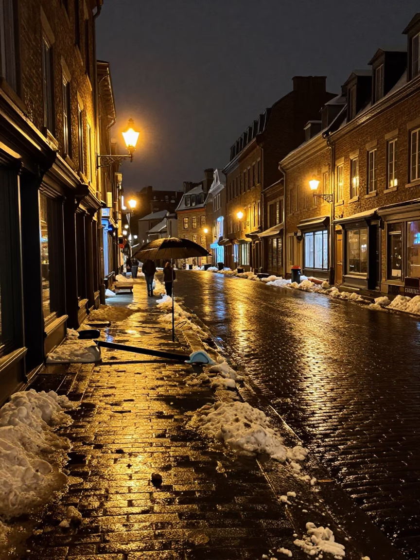 Quebec City Night Street Scene with Umbrellas and Ice Tools Near Old Port in in Quebec City, Quebec, Canada